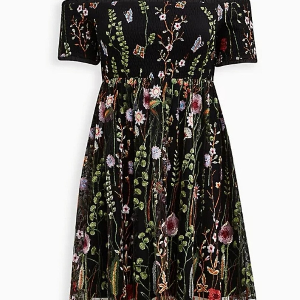 Torrid Black Floral Embroidered Off-Shoulder Dress NWT